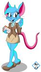  2023 anthro biped blue_body blue_eyes blue_fur blue_hair bottomwear buckteeth clothed clothed_anthro clothed_female clothing colored digital_drawing_(artwork) digital_media_(artwork) female female_anthro freckles frosttezuka7 fur hair hi_res mammal mia_mouse mouse murid murine rodent solo tail teeth topwear whiskers 