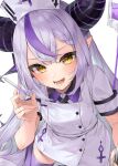  1girl absurdres ahoge black_horns braid braided_bangs grey_hair hat highres holding holding_syringe hololive horns izumi_kei la+_darknesss long_hair looking_at_viewer multicolored_hair nurse nurse_cap open_mouth pointy_ears purple_hair purple_thighhighs smile solo streaked_hair striped_horns syringe thighhighs virtual_youtuber yellow_eyes 