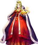  1girl asatani_tomoyo blonde_hair book breasts cape cleavage closed_mouth crown detached_sleeves dress fire_emblem fire_emblem:_the_binding_blade fire_emblem_heroes frills full_body fur_trim gem glowing gold_trim green_eyes guinevere_(fire_emblem) hair_bun highres holding holding_book jewelry long_dress long_hair long_sleeves looking_at_viewer medium_breasts necklace non-web_source official_art red_dress smile solo standing transparent_background 
