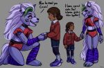  animatronic anthro bracelet cassie_(fnaf) clothed clothing collar duo ear_piercing english_text eye_contact eyes_closed female five_nights_at_freddy&#039;s five_nights_at_freddy&#039;s:_security_breach hand_holding hi_res holding_another&#039;s_arm human jewelry kneeling looking_at_another machine mammal on_one_knee open_mouth piercing robot roxanne_wolf_(fnaf) scottgames smile steel_wool_studios text tonixaly 