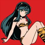  1girl animal_print bikini boots breasts cleavage green_hair horns long_hair looking_at_viewer lum medium_breasts navel oni oni_horns pointy_ears red_background simple_background smile solo swimsuit tb_(spr1110) thighs tiger_print urusei_yatsura 