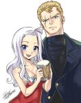  1boy 1girl alcohol beer black_shirt blonde_hair blue_eyes blue_jacket breasts cleavage dress drink fairy_tail highres holding holding_drink jacket large_breasts laxus_dreyar long_hair looking_at_viewer mashima_hiro mirajane_strauss open_mouth red_dress scar scar_across_eye shirt short_hair signature simple_background teeth upper_body upper_teeth_only white_background white_hair 