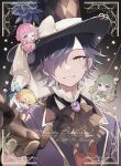  2boys ascot black_ascot black_gloves black_headwear bow brooch character_name dated gem gloves hair_over_one_eye happy_birthday hat hat_bow highres hrn_ohana jewelry kamishiro_rui kono_matsuri_ni_yuuyami_iro_mo_(project_sekai) kusanagi_nene mini_person miniboy minigirl multicolored_hair multiple_boys official_alternate_costume official_alternate_hairstyle ootori_emu parted_lips project_sekai purple_gemstone purple_hair reaching reaching_towards_viewer shirt smile streaked_hair tenma_tsukasa top_hat upper_body white_bow white_shirt wonderlands_x_showtime_(project_sekai) yellow_eyes 