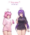  2girls black_shirt blush clenched_teeth closed_mouth doki_doki_literature_club hair_ornament hairclip highres long_hair meme monster_energy multiple_girls natsuki_(doki_doki_literature_club) parted_lips pink_eyes pink_hair potetos7 purple_eyes purple_hair shirt short_hair teeth twitter_strip_game_(meme) white_shirt yuri_(doki_doki_literature_club) 