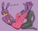  3_toes absurd_res anon anthro blush clothed clothing crossed_arms dialogue duo dustyscooter feet feet_in_face foot_fetish frown frustrated fully_clothed fur hare hi_res humanoid jax_(the_amazing_digital_circus) lagomorph leporid male mammal one_eye_closed overalls paws purple_body purple_fur rabbit simple_background sitting size_difference teeth toes wink 