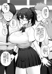  1girl 3boys belt blush bow bowtie breasts collared_shirt commentary_request glasses grabbing grabbing_another&#039;s_breast highres large_breasts long_hair monochrome multiple_boys necktie original pleated_skirt ponytail school_uniform semi-rimless_eyewear shirt shirt_tucked_in short_hair skirt sweatband sweatdrop translation_request try_(lsc) watch wristband wristwatch 