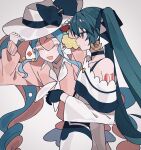  2girls bare_shoulders beefjerky31 black_choker black_gloves black_ribbon cardigan choker closed_eyes dark_green_hair dark_miku_(project_voltage) earrings fairy_miku_(project_voltage) flower gloves hair_flower hair_ornament hat hat_ribbon hatsune_miku heart heart_choker highres jewelry long_hair long_sleeves luxury_ball multicolored_hair multiple_girls open_mouth pink_cardigan poke_ball pokemon project_voltage red_eyes ribbon simple_background sweatdrop twintails two-tone_hair very_long_hair vocaloid white_headwear 