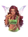  1girl aisha_(winx_club) bare_shoulders brown_hair dark-skinned_female dark_skin fairy fairy_wings green_eyes green_tube_top highres layla_(winx_club) long_hair looking_at_viewer navel sparkle_print strapless toshiasan tube_top wavy_hair wings winx_club 