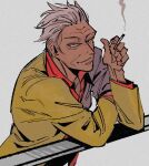  1boy black_eyes cigarette closed_mouth collared_shirt commentary_request gin_to_kin grey_background grey_hair hair_slicked_back highres hirai_ginji holding holding_cigarette inudori jacket long_sleeves looking_at_viewer male_focus old old_man railing red_shirt shirt short_hair simple_background smile smoke smoking solo upper_body yellow_jacket 