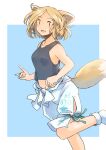  1girl animal_ears black_tank_top blonde_hair blush fox_ears fox_shadow_puppet fox_tail green_ribbon kudamaki_tsukasa open_mouth rangycrow ribbon romper short_hair smile socks solo tail tank_top touhou white_romper white_socks 