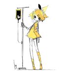  13_31n 1girl abstract alternate_costume arm_at_side asymmetrical_legwear black_eyes blonde_hair bow bright_pupils commentary_request contrapposto dot_mouth dress empty_eyes expressionless full_body hair_bow hair_ornament hairclip heart holding intravenous_drip iv_stand kagamine_rin kneehighs limited_palette short_dress short_eyebrows short_hair signature single_kneehigh single_sock sleeveless sleeveless_dress socks solo standing uneven_legwear vocaloid white_pupils yellow_dress yellow_socks 