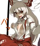  1girl areola_slip armband baggy_pants bandaid bandaids_on_nipples bow breasts bright_pupils buttons collared_shirt commentary_request covered_nipples epic_armageddon flashing fujiwara_no_mokou grey_hair hair_bow highres long_hair long_sleeves looking_at_another navel ofuda ofuda_on_clothes open_mouth pale_skin pants partially_unbuttoned pasties raised_eyebrow red_eyes red_pants ringed_eyes shirt sitting small_breasts solo_focus sound_effects stomach suspenders sweat touhou translation_request very_long_hair white_pupils white_shirt wing_collar 