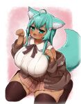  1girl absurdres ahoge animal_ear_fluff animal_ears aqua_eyes aqua_hair aqua_nails black_thighhighs blush breasts commission dark-skinned_female dark_skin dot_nose fang fox_ears fox_girl fox_tail highres ichika_(ichika_manga) jacket large_breasts long_hair miniskirt open_clothes open_jacket open_mouth original paw_pose plaid plaid_skirt plump shortstack sitting skeb_commission skirt solo tail thick_thighs thighhighs thighs very_long_hair wariza zettai_ryouiki 