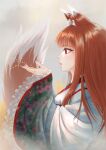  1girl 2000s_(style) absurdres animal_ear_fluff animal_ears brown_hair dress highres holo japanese_clothes kimono md5_mismatch red_eyes resolution_mismatch source_larger spice_and_wolf tail wheat_field 