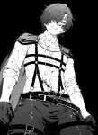  0-ring 1boy adam&#039;s_apple belt belt_buckle black_background blood buckle cape collarbone gloves greyscale grin hair_over_one_eye highres kaito_(vocaloid) leather leather_pants long_sleeves looking_at_viewer looking_down male_focus monochrome pants sentea simple_background sleeves_rolled_up smile suspenders vocaloid 