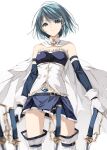  &gt;:( 1girl absurdres ass_visible_through_thighs bare_shoulders belt blue_belt blue_eyes blue_hair blue_shirt blue_skirt blurry breasts buttons cape closed_mouth detached_sleeves diamond_button fortissimo frills gloves hair_between_eyes hair_ornament highres holding holding_sword holding_weapon legwear_garter long_sleeves looking_at_viewer magical_girl mahou_shoujo_madoka_magica mandarin_collar medium_breasts midriff_peek miki_sayaka miniskirt misteor musical_note musical_note_hair_ornament navel pleated_skirt shirt short_hair simple_background skirt solo standing strapless strapless_shirt sword thigh_strap thighhighs v-shaped_eyebrows weapon white_background white_cape white_gloves white_thighhighs zettai_ryouiki 