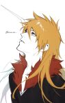  1boy bleach brown_eyes fur_trim highres horns konetaa kurosaki_ichigo long_hair male_focus orange_hair parted_lips single_horn solo tensa_zangetsu_(bankai) upper_body 