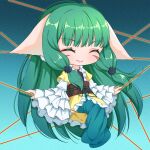  1girl absurdres animal_ears chibi chinese_clothes closed_eyes coat dress ears_down facial_mark fox_ears frilled_sleeves frills full_body gradient_background green_dress green_hair grey_background hanfu highres huyao_xiao_hongniang kumu_zaisheng layered_sleeves long_dress long_hair long_sleeves low_tied_sidelocks short_over_long_sleeves short_sleeves sitting smile solo string tushan_rongrong very_long_hair white_sleeves yellow_coat 
