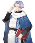  1boy adjusting_eyewear artist_request atelier_(series) atelier_marie blue_eyes book closed_mouth glasses hand_up holding holding_book kreis_kuhl long_sleeves male_focus official_art parted_bangs robe short_hair simple_background smile solo standing 
