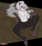  absurd_res anthro bottomwear brown_eyes canid canine clothing fox fur grey_body grey_fur hair hi_res hybrid long_hair long_tail male mammal markings pants ponytail procyonid psych_(psychflood) psychflood raccoon ring_(marking) ringtail sitting solo solo_focus tail tail_markings toeless_legwear white_body white_fur white_hair yoga_pants 