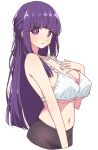  1girl bare_shoulders blunt_bangs bra breasts closed_mouth collarbone commentary cropped_legs fern_(sousou_no_frieren) from_side hand_up highres large_breasts long_hair looking_at_viewer mel_(melty_pot) navel pout purple_eyes purple_hair simple_background solo sousou_no_frieren underboob underwear very_long_hair white_background white_bra 