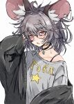  1girl animal_ears bespectacled black_jacket blush clothes_writing deal360acv glasses grey_hair grey_shirt highres jacket jewelry long_sleeves mouse_ears nazrin open_mouth pendant red_eyes round_eyewear shirt short_hair simple_background solo touhou upper_body white_background 