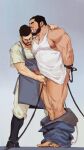  2boys apron arms_behind_back bara beard black_hair bound bound_wrists clenched_teeth clothes_down clothes_pull couple erection facial_hair from_below full_body highres large_pectorals legs_apart legs_together male_focus mature_male multiple_boys muscular muscular_male nipple_slip nipples old old_man original pants pants_pull pectoral_cleavage pectorals penis_grab short_hair sidepec strongman_waist tank_top teeth thick_eyebrows thick_thighs thighs tooboshoo white_tank_top wrinkled_skin yaoi 