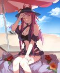  1girl bare_shoulders black_headwear breasts cleavage clothing_cutout dress dress_swimsuit english_commentary fire_emblem fire_emblem_engage fire_emblem_heroes flower hat ivy_(fire_emblem) ivy_(summer)_(fire_emblem) large_breasts long_hair looking_at_viewer mole mole_on_cheek mole_under_mouth navel official_alternate_costume one-piece_swimsuit purple_eyes purple_hair see-through_headwear sitting solo stomach stomach_cutout swimsuit tencryingemojis 