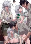  1boy 1girl =3 ass bar_censor black_hair blue_eyes blush bra breasts censored closed_mouth commentary_request cum english_text erection fushiguro_touji genderswap genderswap_(mtf) glasses gojou_satoru green_eyes hand_on_another&#039;s_hip hetero highres holding jujutsu_kaisen large_breasts large_penis long_hair looking_at_another nail_polish nipples office_lady open_clothes open_shirt penis scar scar_on_face scar_on_mouth shinoda_giri shirt short_hair skirt speech_bubble trembling underwear white_hair 
