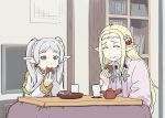  2girls blonde_hair blush_stickers capelet closed_eyes commentary_request crossover cup dorayaki eating edomae_elf eldali_ilma_fanomenel elf food frieren green_eyes highres japanese_clothes kimono kotatsu long_hair long_sleeves multiple_girls pointy_ears side_handle_teapot sousou_no_frieren species_connection table teapot twintails ueyama_michirou wagashi white_hair yunomi 