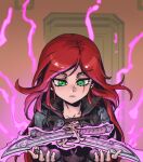  1girl black_gloves brown_jacket dagger fingerless_gloves gloves green_eyes holding holding_weapon indoors jacket katarina_(league_of_legends) knife league_of_legends long_hair looking_at_object looking_down magic open_clothes open_jacket phantom_ix_row red_hair scar scar_across_eye shoulder_plates solo weapon 