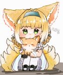  1girl animal animal_ears arknights black_footwear black_gloves blonde_hair blue_hairband blush cat chibi closed_mouth commentary_request dot_mouth dress fox_ears fox_girl fox_tail frilled_dress frills gloves green_eyes hairband kitsune knees_up kyuubi looking_at_viewer mokoo_rokoo multiple_tails pantyhose single_glove single_wrist_cuff sitting solo suzuran_(arknights) tail torn_clothes torn_pantyhose white_pantyhose wrist_cuffs 
