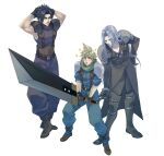  3boys armor arms_behind_head baggy_pants belt black_footwear black_gloves black_hair black_jacket blonde_hair blue_eyes blue_pants blue_shirt boots buster_sword closed_eyes cloud_strife crisis_core_final_fantasy_vii final_fantasy final_fantasy_vii from_above full_body gloves grey_hair grin highres holding holding_sword holding_weapon jacket long_coat long_hair long_sleeves male_focus multiple_belts multiple_boys pants parted_bangs parted_lips pectorals ryouto sephiroth shirt short_hair shoulder_armor sleeveless sleeveless_turtleneck sleeves_rolled_up smile sparkle spiked_hair suspenders sword turtleneck weapon white_background zack_fair 
