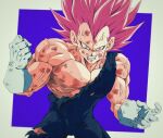  1boy angry bare_shoulders battle_damage biceps blue_background blue_bodysuit bodysuit bruise bure_(fantasticyouth7) clenched_hand clenched_teeth commentary_request dragon_ball dragon_ball_super gloves hands_up injury looking_at_viewer male_focus muscular muscular_male no_eyebrows pectorals purple_hair scratches simple_background solo spiked_hair teeth torn_bodysuit torn_clothes two-tone_background ultra_ego_(dragon_ball) v-shaped_eyebrows vegeta veins white_background white_gloves widow&#039;s_peak 