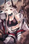  1girl absurdres arknights black_bra black_gloves blurry blurry_background blurry_foreground blush bra breasts cheek_squash chest_sarashi cleavage coat commentary commission cowboy_shot demon_horns earclip gloves grey_hair hair_ornament hammer highres holding holding_hammer horns infection_monitor_(arknights) large_breasts long_hair looking_at_viewer mudrock_(arknights) navel open_clothes open_coat oripathy_lesion_(arknights) outdoors parted_lips pointy_ears red_eyes red_ribbon ribbon rock sarashi signature skeb_commission sledgehammer solo sports_bra stomach twitter_username underwear white_coat yoko2yuray 