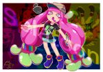  1girl absurdres afuron arm_up bangle baseball_cap black_shirt blue_footwear blunt_bangs boots border bracelet character_signature commentary_request copyright_name drooling english_text fish flat_chest full_body green_eyes green_skirt hair_tie harmony&#039;s_clownfish_(splatoon) harmony_(splatoon) hat highres jewelry legs long_hair looking_at_viewer low-tied_long_hair miniskirt multicolored_background multiple_views open_mouth outline outside_border outstretched_arm partial_commentary pink_pupils pleated_skirt shirt short_sleeves sidelocks signature skirt splatoon_(series) splatoon_3 standing striped striped_headwear tentacle_hair tentacles very_long_hair white_border white_outline yellow_headwear 