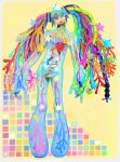  1girl absurdres blood_vessels blue_eyes cell_(biology) commentary dna double_helix english_commentary flower full_body hatsune_miku heart heart_(organ) highres long_hair momopatchi multicolored_hair open_mouth see-through_body simple_background solo standing twintails very_long_hair vocaloid yellow_background 