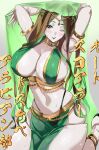  1girl arabian_clothes arms_up black_lips breasts brown_hair cleavage colored_inner_hair dancer doll_joints eyeshadow green_eyes green_eyeshadow green_hair harem_outfit highres huge_breasts joints lipstick long_hair looking_at_viewer makeup multicolored_hair navel negresco pelvic_curtain phara_suyuf senki_zesshou_symphogear shiny_skin skindentation solo sweat two-tone_hair 