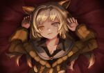  1girl :p absurdres animal_ears arknights black_shirt blonde_hair breasts brown_sweater buchi0122 cat_ears cat_girl cleavage close-up closed_mouth collarbone collared_shirt fingernails grey_eyes heterochromia highres light_blush long_hair long_sleeves looking_at_viewer lying nail_polish nightmare_(arknights) on_back shirt solo sweater tongue tongue_out upper_body yellow_eyes yellow_nails 