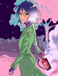  1girl absurdres black_hair bleach bleach:_the_thousand-year_blood_war coat commentary cowboy_shot english_commentary eyelashes fire_extinguisher floppydisk7000 green_coat hair_between_eyes highres kuchiki_rukia long_sleeves looking_at_viewer night nose open_mouth outdoors purple_eyes short_eyebrows short_hair smile snow solo standing steam tree twitter_username 