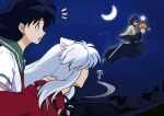  2boys 2girls ? animal_ears black_hair black_kimono bleach brown_eyes carrying cmwl_514 crescent_moon crossover dog_ears green_sailor_collar hair_between_eyes highres higurashi_kagome inuyasha inuyasha_(character) japanese_clothes jewelry kimono kuchiki_rukia kurosaki_ichigo long_hair long_sleeves looking_at_another lying moon multiple_boys multiple_girls necklace night night_sky on_back open_mouth orange_hair pajamas piggyback purple_eyes red_kimono sailor_collar sheath sheathed shirt short_hair sky sword weapon white_hair white_shirt wide_sleeves yellow_pajamas 