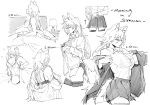  animal_ears arknights bed bra breasts coat dressing extra_ears gouliangkuosanyidiandian highres large_breasts monochrome morning multiple_views nightgown panties penance_(arknights) shirt sketch skirt tail thighhighs underwear white_shirt wolf_ears wolf_girl wolf_tail 