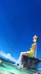  1girl :d absurdres animal_ear_fluff animal_ears bare_arms bare_shoulders barefoot blue_sky brown_hair cloud commentary_request day dress dutch_angle highres horizon nia_(xenoblade) ocean orange_eyes outdoors poteto_(potetosarada123) short_hair sky sleeveless sleeveless_dress smile solo water xenoblade_chronicles_(series) xenoblade_chronicles_2 yellow_dress 