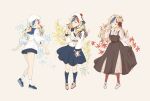  1girl aqua_eyes bangs beret black_shorts blonde_hair blue_hair blue_sailor_collar blue_skirt closed_eyes commandant_teste_(kancolle) dress full_body hair_ribbon hat highres jacket kantai_collection kneehighs long_hair long_sleeves multicolored_hair multiple_views parted_lips pom_pom_(clothes) red_hair ribbon rimiera sailor_collar scarf shoes shorts simple_background skirt skirt_hold socks streaked_hair white_hair white_jacket 