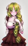  1girl azulasi blunt_bangs blush breasts brown_skirt curled_horns elbow_gloves fingerless_gloves gloves green_eyes green_hair highres horns mairimashita!_iruma-kun medium_breasts parted_bangs pointy_ears short_sleeves simple_background skirt solo valac_clara white_horns 