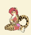  absurd_res anthro beverage bubble_tea cheetah clothed clothing felid feline female hair hi_res iloota looking_at_viewer mammal red_eyes red_hair sitting solo tongue 