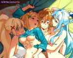  1boy 3girls aqua_(konosuba) arm_up artist_name bare_arms bare_shoulders blonde_hair blue_hair blush breasts clothes_lift completely_nude darkness_(konosuba) grabbing grabbing_another&#039;s_breast green_eyes green_shirt grey_shirt hair_between_eyes hair_ornament hairclip kono_subarashii_sekai_ni_shukufuku_wo! large_breasts link lying multiple_girls navel nude on_back parted_bangs ponytail princess_zelda shirt shirt_lift short_hair snegovski teeth the_legend_of_zelda tongue tongue_out upper_teeth_only web_address x_hair_ornament 