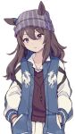  1girl animal_ears beanie blue_jacket brown_hair cable closed_mouth collared_shirt grey_headwear hair_between_eyes hands_in_own_hair hat headphones headphones_around_neck horse_ears jacket kanako_(hmybrw) long_hair long_sleeves looking_at_viewer nakayama_festa_(umamusume) open_clothes open_jacket purple_eyes red_sweater shirt simple_background skirt solo sweater umamusume upper_body white_background white_shirt white_skirt yellow_sweater 