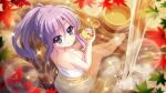  1girl autumn_leaves blue_eyes blurry blurry_foreground breasts bucket cleavage closed_mouth dot_nose downblouse film_grain from_above from_behind game_cg high_ponytail holding izumi_tsubasu lens_flare long_hair looking_at_viewer medium_breasts naked_towel non-web_source official_art partially_submerged purple_hair re:stage! rock rubber_duck sidelocks sitting smile solo sparkle towel tsukisaka_sayu white_towel wooden_bucket 