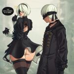  1boy 1girl 2b_(nier:automata) 3d_background 9s_(nier:automata) absurdres ass ass_focus back_cutout black_choker black_coat black_dress black_footwear black_gloves black_jacket blurry blurry_background boots breasts bulge buttons choker clothing_cutout coat commentary dress english_commentary english_text feather-trimmed_sleeves gloves grey_hair hair_over_one_eye hetero highres jacket lips looking_at_another looking_at_ass medium_breasts mole mole_under_mouth nier:automata nier_(series) nose peppr_n&#039;_salt see-through see-through_legwear short_hair thick_thighs thigh_boots thighhighs thighhighs_under_boots thighs thought_bubble upskirt variant_set wide_hips 